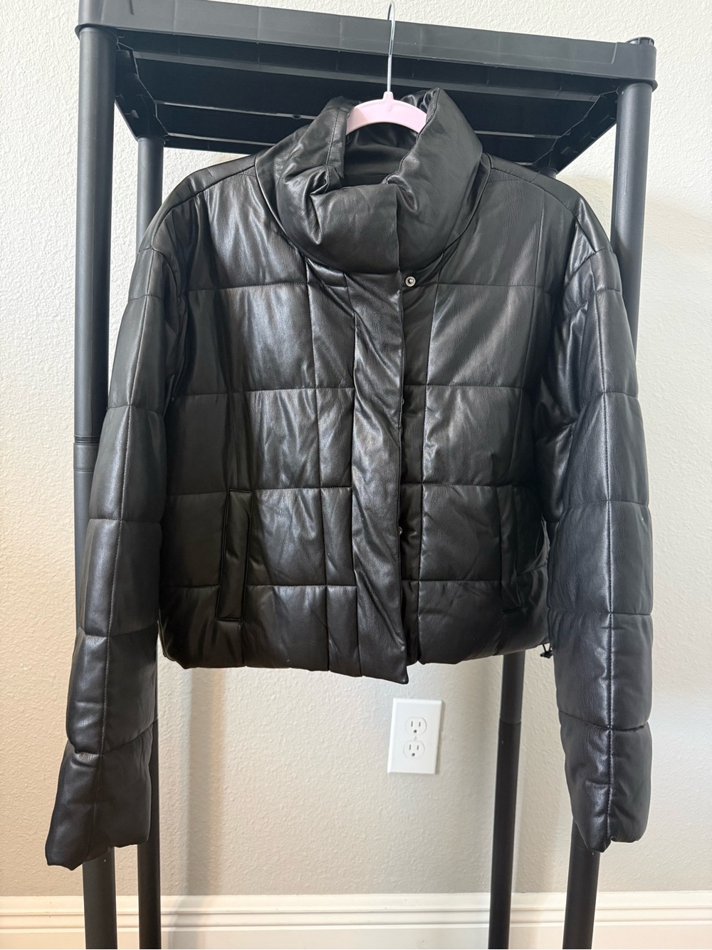 Love Tree Black Quilted Leather-Look Puffer Jacket